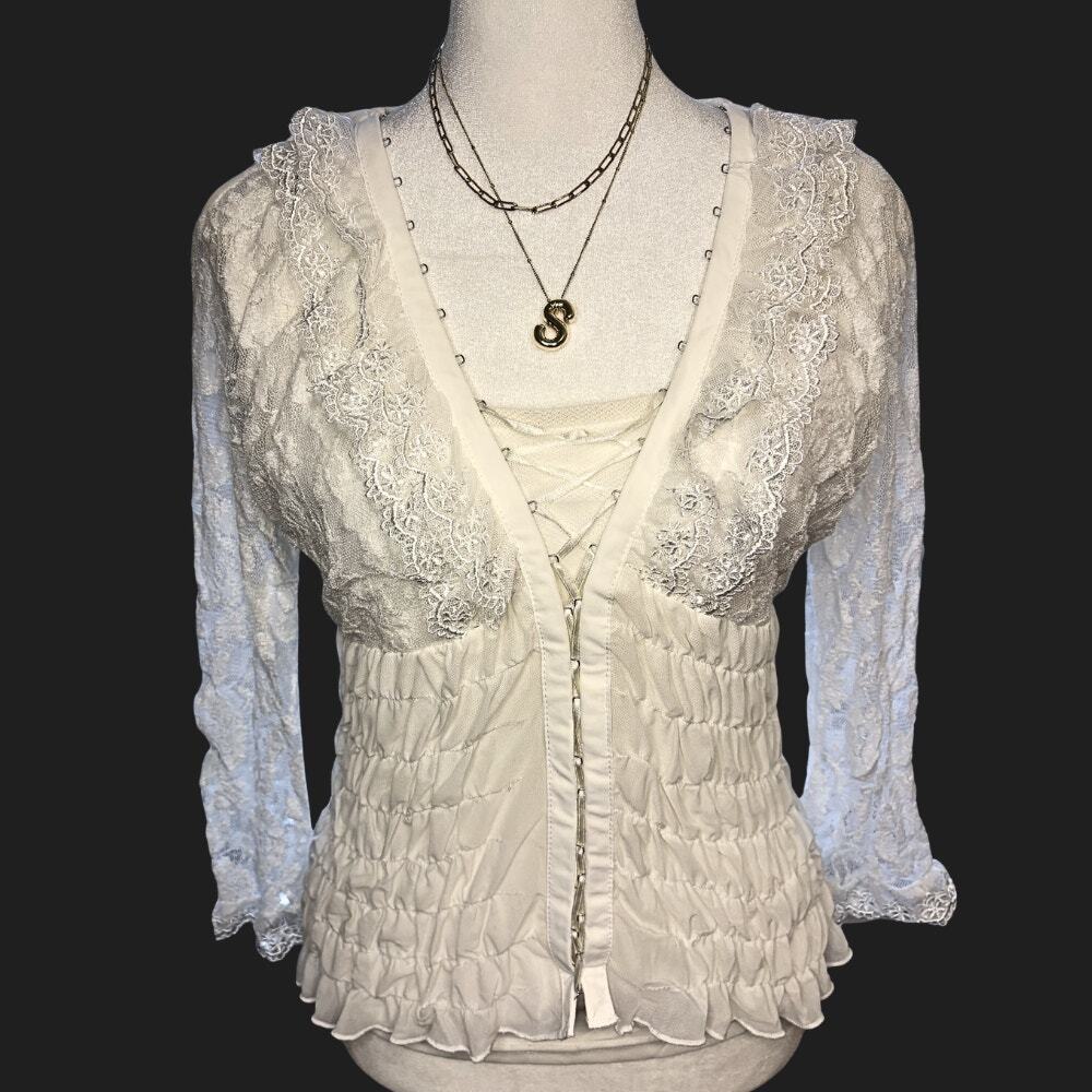 Vintage Y2K Lace Sleeve Corset Lace-Up Ruched Blouse Ivory Cream Small